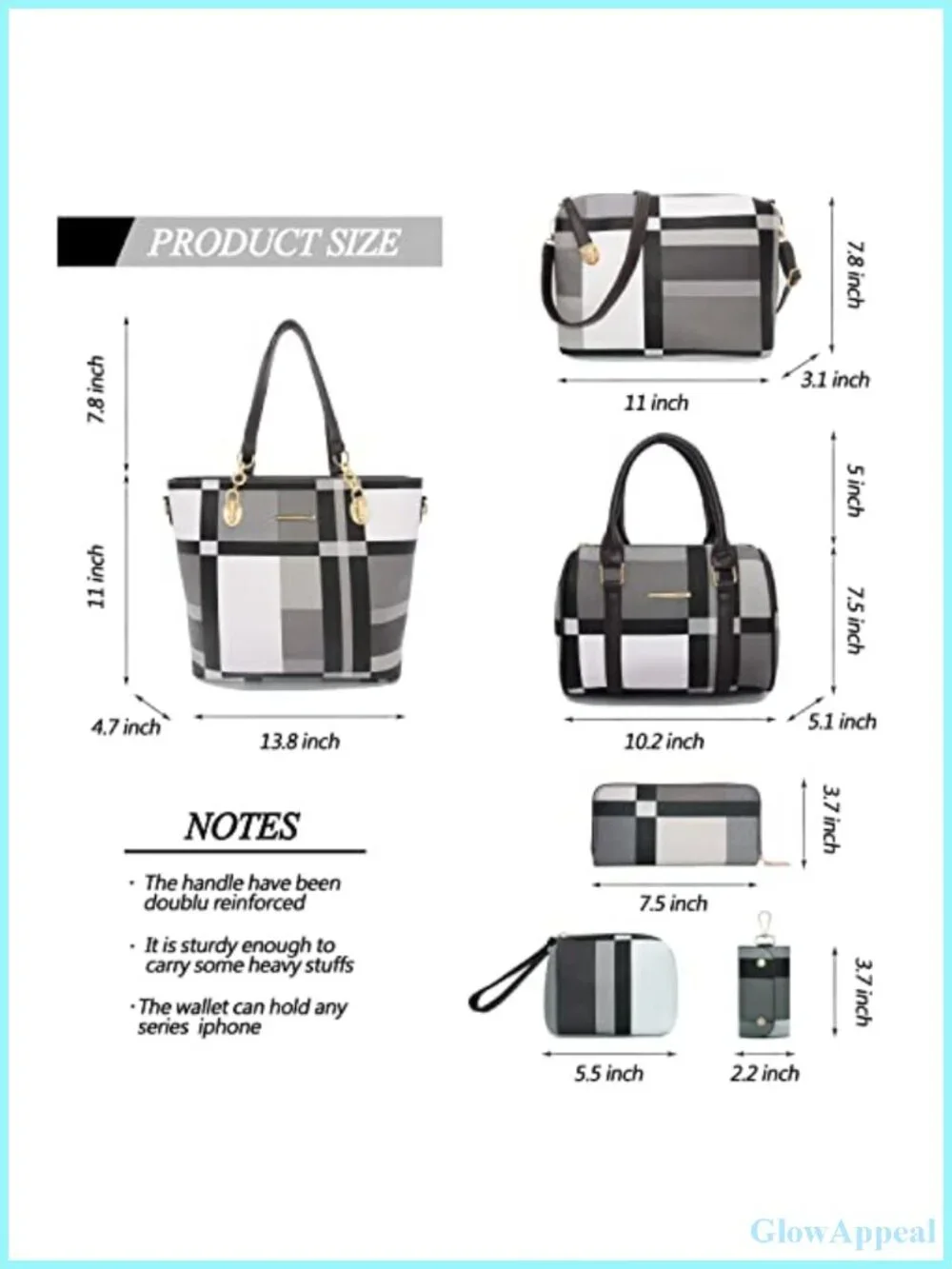 Women's Satchel Shoulder Bag Tote and Clutch Set Faux Leather 6 Piece Purse